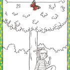 "Gruß für dich!" in roter Schrift, darüber ein Schmetterling. Kind sitzt lächelnd unter einem Baum mit Blume in der Hand.