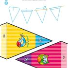 „Wimpelkette (1)“: Anleitung zum Ausschneiden von Wimpeln. Gemalte Wimpel, einer mit Vogel, einer mit Eule.