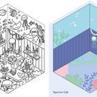 Hier gibt's Kakao aus Muschelbechern, während süße Robben vorbeischwimmen. Aquarium-Café. Zwei Räume in Unterwasseroptik.