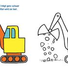 Text: "Meine Schaufel trägt ganz schwer und mit Gepolter wird sie leer." Illustration von zwei Baggern, einer farbig, einer schwarz-weiß.