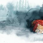 Text: "Mir sind die Beine weich und das Herz so schwer, und so lieg ich hier und vermiss dich sehr." Illustration von einem schlafenden Fuchs in rotem Schal.