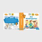 "FRAG doch mal... Der Kindergarten" - Bunte Illustration von Kindern beim Spielen, Text über Aktivitäten im Kindergarten.