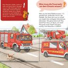 "Wer hilft, wenn es brennt?", "Was muss die Feuerwehr vor dem Einsatz wissen?". Rote Feuerwehrfahrzeuge mit Sirenen, Rauch und Menschen.