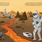 Text: "Künstliche Intelligenz hilft, ferne Planeten zu erforschen." Illustration: Roboter erkunden eine heiße, felsige Landschaft.