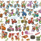 Comic-Illustration von fröhlichen Kindern auf bunten Fahrrädern in verschiedenen Szenen und Aktivitäten.