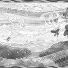 Die Illustration zeigt zwei Menschen in einem Schneesturm, umgeben von Bäumen und dekorativen Mustern.