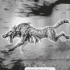 Logo mit "Schattenläufer". Ein aggressiv aussehender, laufender Werwolf im Vordergrund in einem stilisierten, stürmischen Wald.