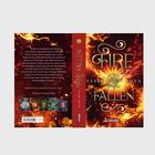 Text „FIRE FALLEN“ in stilisierter Schrift auf feurigem Hintergrund, links Beschreibung und weitere Buchtitel. Autor: Elise Kova.