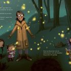 Texte: „Zum Beispiel Glühwürmchen“, sagte Tante Lena. Personen schauen Glühwürmchen im Wald, eine hält ein Buch.