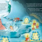 Zwei Figuren im Wasser, umgeben von schmelzenden Schnee. Ein Bär und ein Kind genießen die Wärme und Schneelaternen.