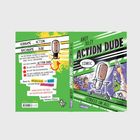 Links: "Vorname … Action, Nachname … Dude." Rechts: "Action Dude, Comic." Ein farbenfrohes Cover mit Zeichnungen.
