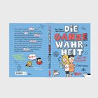 Vorderseite: "Die ganze Wahrheit über die 5. Klasse". Illustration von zwei Kindern mit Büchern, blauer Hintergrund.