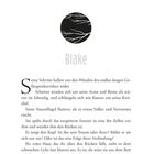 „Prolog“, „Blake“. Ein Kreis mit dünnen, weißen Linien. Text handelt von einem Gefängnis und einer geheimnisvollen Begegnung.