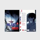 Covertext: "Cold as BLUE & Aggressive as RED". Dunkle, mysteriöse Illustration von zwei Figuren in engem Kontakt.