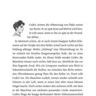 Text über Cedric, der spät dran ist und eine Abkürzung zur Bucht nimmt. Illustration eines jungen Mannes mit lockigem Haar.