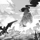 Text: Dialog zwischen Matti und dem Drachen Drake über einen Flug und eine magische Welt. Bild: Ein Drache fliegt über eine Landschaft mit Wäldern und Bergen.