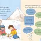 Text links: "Und dort oben in den Bergen...entdeckten Polly, Jojo und Amina im Schnee einen Rüssel."  
Rechts: Figuren diskutieren über einen gefundenen "Rüssel".  
Szene: Kinder und Opa im Schnee vor einem Berg, Tiere sprechen.