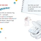 „3 Leo hat eine Idee“ in Rot, gefolgt von „RRRRR!“ in Blau. Illustration einer Toilette mit Schulheft.