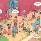 Texte: "Kulisse", "Texte", "Banner", "Kostüme". Kinder basteln, spielen und proben in einem bunten Theaterraum.