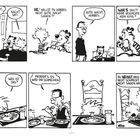 Ein Comic zeigt eine Szene in einem Schlafzimmer und eine beim Essen. Dialoge: „Gute Nacht, Calvin“, „Was ist das?“, „Probier’s.“