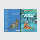 "Die atlantische Bedrohung" und "Die Abenteuer von Blake und Mortimer" auf blauem Hintergrund mit Figuren in Anzug und Uniform.