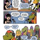 Comic-Illustration: Eine Moderatorin interviewt eine Dinosaurier-Metalband im Studio. Dialoge heben ihren Namen und Mitglieder hervor.