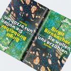 "Birgit Birnbacher, Sie wollen uns erzählen, Roman, Zsolnay." Punktiertes, farbenfrohes Cover mit Baum-Motiv.