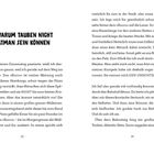I. WARUM TAUBEN NICHT BATMAN SEIN KÖNNEN. Illustration eines Tieres mit großer Nase oben links. Text über eine Szene in Hamburg.