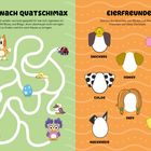 Links: Text "SUCHE NACH QUATSCHIMAX", ein Labyrinth mit Spielsachen. Rechts: "EIERFREUNDE", Eierköpfe mit Hundearitätäten.