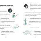 "So funktioniert die Zauberwelt" mit 10 Regeln. Illustration: Hexen, Zauberstäbe und Zauberbuch.