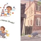 Links steht „Ich will keinen kleinen Bruder!“. Rechts „Also hab ich ihn nach Frankreich geschickt.“ Links ein Junge, ein Hund und ein Kind in einer Schubkarre. Rechts ein Junge vor einem Postgebäude.