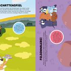 "SCHATTENSPIEL" und "FELSENMALEREI". Links sind Figuren auf einer Wiese, rechts zwei Figuren bei Felsen. Bunte, freundliche Illustrationen.