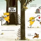 "Vorsicht, bissiger Hund", "Kein Zutritt", "grrrr", "Klääf!", "Oskar nannte den Hund Brutus". Illustration mit gelben Figuren und Hund.