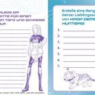 Links: Text mit Zeilen zum Aufschreiben von Tanzschritten. Illustration: Mädchen in modischer Kleidung. Rechts: Liste für Songs und Illustration einer Katze.