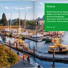 Text: "Victoria. Walbeobachtung, Regenwälder... Vancouver Island ... Seite 74–99." Hafenansicht mit Booten, Bäumen, Menschen.