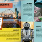 "VERGNÜGUNGSINSEL", "Unko-Museum", "Schilder Freiheitsstatue, Regenbogenbrücke", "Hightech", Roboter, bunte Fäkalienformen.