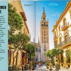 "WILLKOMMEN IN SPANIEN! Spanische Straßen mit gemütlichen Cafés und Kathedrale im Hintergrund bei sonnigem Himmel."