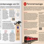 **Seite links:**  
Texte: "Unterwegs vor Ort", "Reisekosten", "Schöne Radtouren", "Tipp", "Unbedingt beachten", "Bahnpässe", "Busse", "Seedampfer".  
Symbole: Auto, Keycard, Fahrrad, Glühbirne, Straßenschild, Fähre.

**Seite rechts:**  
Texte: "Panoramazüge", "Glacier Express", "Bernina Express", "Gotthard Panorama Express", "Golden Pass Express", "Centovalli-Bahn".  
Bild: Roter Zug vor Bergkulisse.