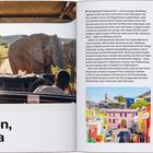 Kapregion, Südafrika. Bild eines Safari-Fahrzeugs mit Elefanten im Grünen. Karte mit regenbogenfarbenen Häusern.