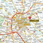 Karte von Wrocław mit hervorgehobenen Straßen, wichtigen Orten wie "Ratusz i Rynek", "Katedra gotycka" und "Stadion".