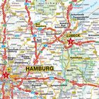 Oben "LÜBECK", unten "HAMBURG". Straßenkarte mit Autobahnen und Städten in Norddeutschland.