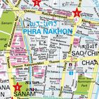 Stadtkarte mit den Texten: PHRA NAKHON, SANAM. Verschiedene Straßen und Sehenswürdigkeiten sind neben Symbolen verzeichnet.