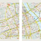 Text: "Warszawa." Eine detaillierte Straßenkarte der Stadt mit farbigen Markierungen für Hauptstraßen und Viertel.