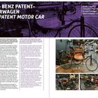 "1886 – Benz Patent-Motorwagen" steht im Fokus, darunter Details wie Zylinderanzahl: 1, Leistung: 0,75 PS, Höchstgeschwindigkeit: 16 km/h. Rechts ist das Fahrzeug in einem Museum abgebildet.