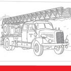 Text: "Feuerwehr." Illustration eines klassischen Feuerwehrwagens mit Leiter und Details der Ausstattung.