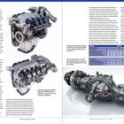 Im oberen linken Teil steht ein ausführlicher Text über Dieselmotoren, deren Effizienz und Entwicklung. Rechts ist eine Tabelle mit technischen Daten der Motorenbaureihe OM500 und eine Abbildung eines modernen Motors und Antriebsstrangs.