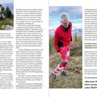 Linke Seite: Text über erste Hilfe und persönliche Erfahrungen im Outdoorbereich. Rechts: Zitat "Man kann NICHTS falsch machen, außer NICHTS zu tun!". Links: Bild eines Rettungshubschraubers in den Bergen. Rechts: Person in Outdoor-Kleidung, umgeben von Natur.