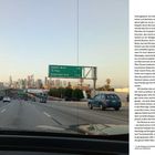 Rechts daneben ein langer Text über Reiseerlebnisse und Gedanken. Links Straßenschild: "Adams Blvd, 10 Fwy, Downtown Exit".