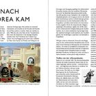 "WIE ICH NACH NORDKOREA KAM" steht oben. Unten links Bild einer Dampflok am Bahnhof Songzwang. Rechts unten Logo der Bank.