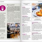 Text links oben: "Bom apetite!" und Erklärungen, wie die Portugiesen zu essen pflegen.  
Rechts: Café-Empfehlungen in Lissabon mit Informationen wie Namen und Öffnungszeiten.  
Bilder: Eine belebte Markthalle und eine traditionelle portugiesische Spezialität auf einem Teller.